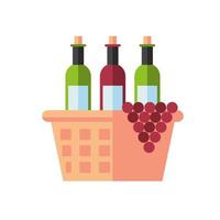 wine bottles with grapes in basket straw vector