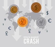 stock market crash with coins and earth maps vector