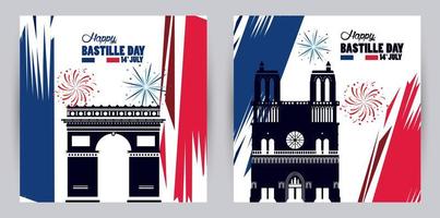 happy bastille day celebration with Notre Dame Cathedra and arch of triumph vector