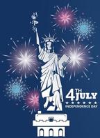 fourth july usa independence day celebration with fireworks and liberty statue vector