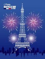 feliz celebración del día de la bastilla con la torre eiffel y fuegos artificiales vector