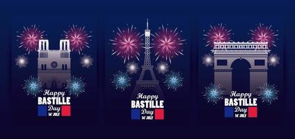 happy bastille day celebration with flags and monuments vector