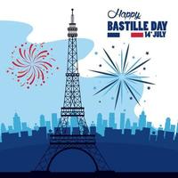 feliz celebración del día de la bastilla con la torre eiffel y fuegos artificiales vector