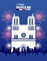 happy bastille day celebration with Notre Dame Cathedral vector