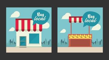 shop local poster with store building and oranges kiosk vector