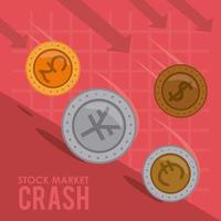 stock market crash with coins money and arrows down vector