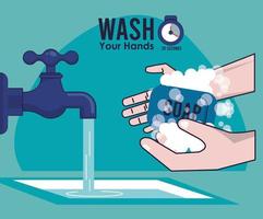 lavarse las manos cartel de la campaña manos y grifo de agua vector