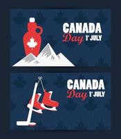 cartel de celebración del día de canadá del primer de julio con montañas y jarabe de arce vector