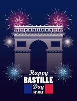 feliz celebración del día de la bastilla con arco de triunfo vector
