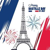 feliz celebración del día de la bastilla con la torre eiffel y fuegos artificiales vector