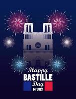 feliz celebración del día de la bastilla con la catedral de notre dame vector