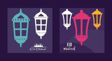 tarjeta de celebración de eid mubarak con linternas colgando vector