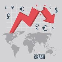 stock market crash with arrows down and earth maps vector