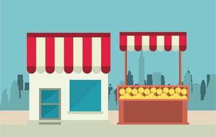 shop local poster with store building and oranges kiosk vector