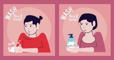 wash your hands campaign poster with woman and soap vector