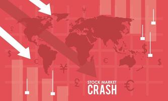 stock market crash with arrows down and earth maps vector