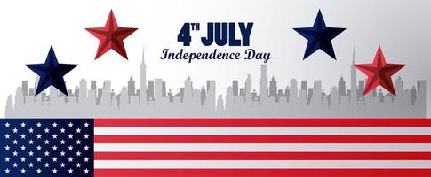 fourth july usa independence day celebration with flag and cityscape vector