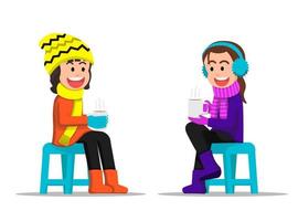Two little girls chatting together while holding a hot drink vector
