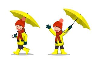 Little girl in winter clothes holding an umbrella vector