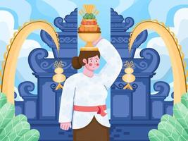 A Balinese woman celebrating Kuningan galungan ceremony tradition on temple or pura vector flat illustration. Indonesian Bali ethnic culture, tradition event. Can use for banner, greeting card.