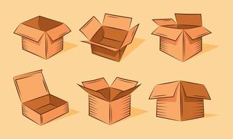 Collection of flat vector illustrations of cardboard boxes in cartoon style. Perfect for illustrations of shipping services, cargo, and gift boxes.