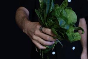 close-up of man with maltese cross ring holding a bouquet of spinach photo