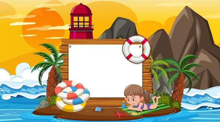 Empty banner template with kids on vacation at the beach sunset scene