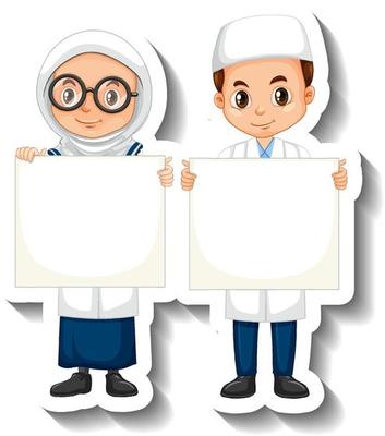 Scientist muslim couple kids cartoon character sticker