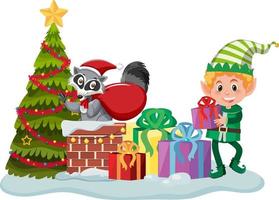 Christmas elf with many present boxes and Christmas tree vector