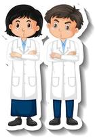 Scientist couple kids cartoon character sticker vector