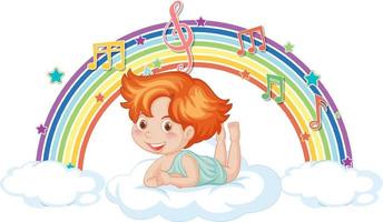 Cupido niño en la nube con símbolos de melodía en arco iris vector