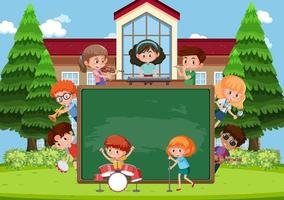 Empty blackboard with kids playing different musical instruments vector