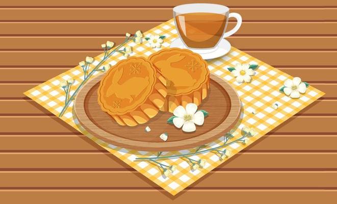 Pile of mooncakes with teacup set on wooden table