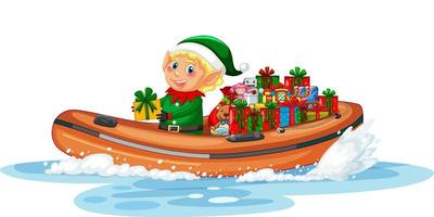 Christmas elf on the boat with his gifts vector