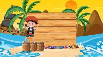 Plantilla de banner vacío con un niño pirata en la escena del atardecer en la playa vector