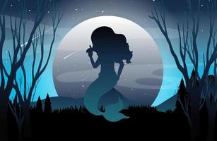 Full moon forest background with mermiad silhouette vector