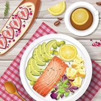 Salmon steak with teacup and strawberry bread vector