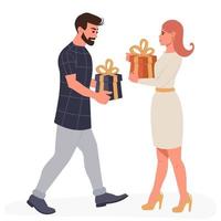 Young man and woman exchange gift boxes. Birthday or Christmas gifts. Flat vector illustration