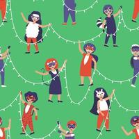 Seamless pattern with children in carnival costumes and masks of forest animals are holding a garland in their hands vector