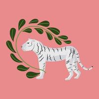 tigre blanco sobre fondo rosa con rama verde. tarjeta de felicitación del día de la protección del tigre vector