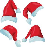 Santa hats red colored set. Winter cap. Vector.  Christmas Santa Claus hats vector