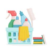 Household supplies and cleaning tools in basket vector