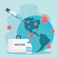 covid19 virus vaccines kit with syringe and particles in earth planet vector