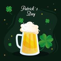 saint patricks day lettering with beer jar and clovers vector