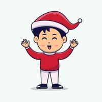 Niño sonriente y feliz en la ilustración de vector de dibujos animados de celebración navideña