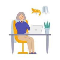 abuela feliz con laptop y gato en la estantería vector