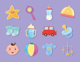 paquete de doce iconos de celebración de baby shower vector