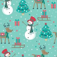 Seamless Christmas pattern with snowman reindeer tree and presents vector