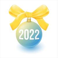 Christmas ball 2022 with yellow ribbon 3d. vector illustration.