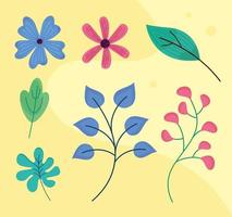 bundle of seven spring flowers with leafs vector